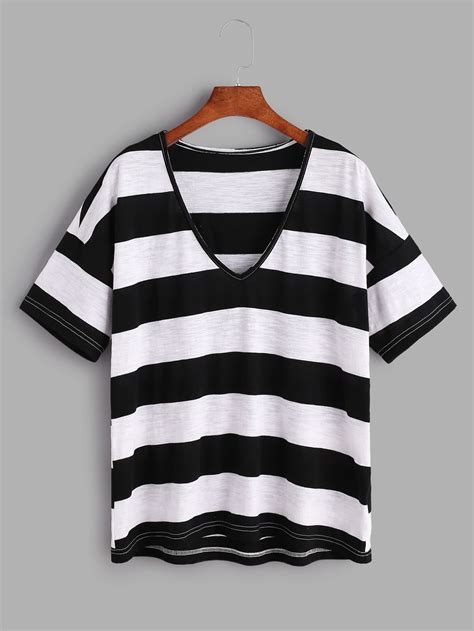 Black And White Striped V Neck Drop Shoulder T-shirt -SheIn(Sheinside)