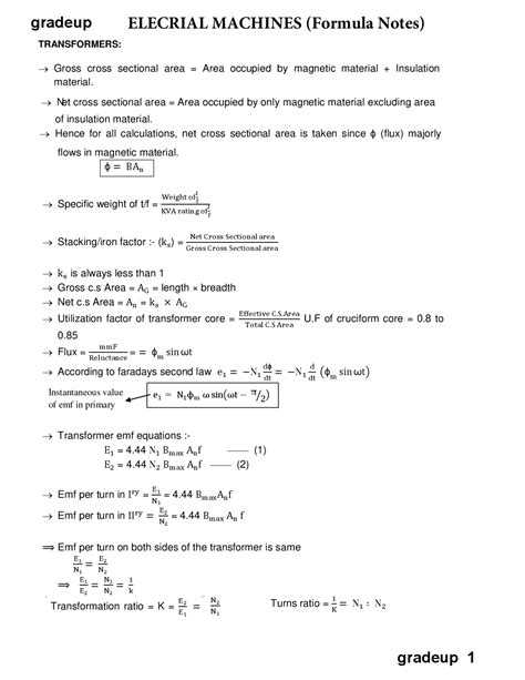 Transformer formula sheet | Cheat Sheet Electrical Engineering | Docsity