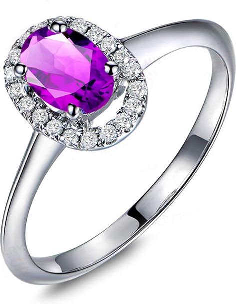 Beydodo Amethyst Ring Women, Promise Ring for Women Sterling Silver 925 Halo with Cubic Zirconia ...