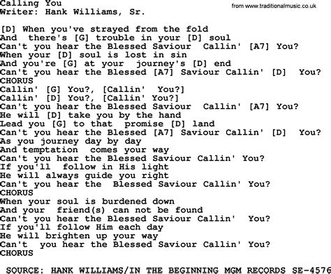 Hank Williams song: Calling You, lyrics and chords