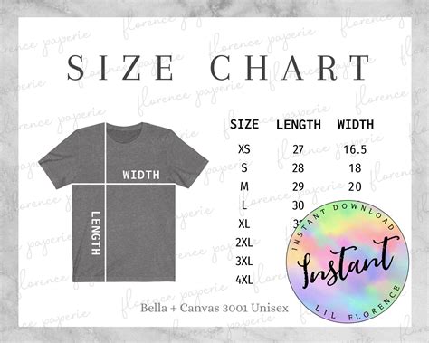 Bella Canvas 3001 Size Chart Unisex T Shirt Size Chart Bella - Etsy