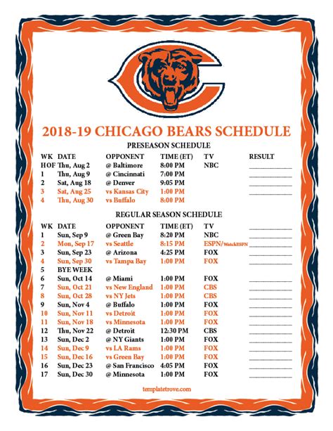 Printable 2018-2019 Chicago Bears Schedule