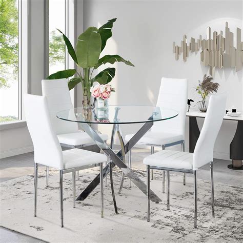 Buy GOLDFAN Dining Table and Chairs Set 4 Modern Glass Round Dining Kitchen Table and Faux PU ...