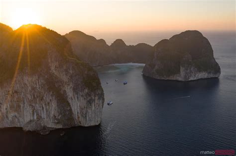 - Aerial view of Maya bay, Ko Phi Phi Leh island at sunset, Thailand ...