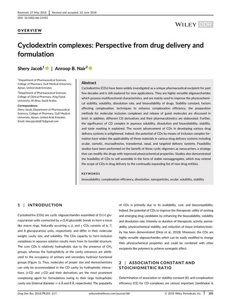 (PDF) Cyclodextrin complexes: Perspective from drug delivery and formulation