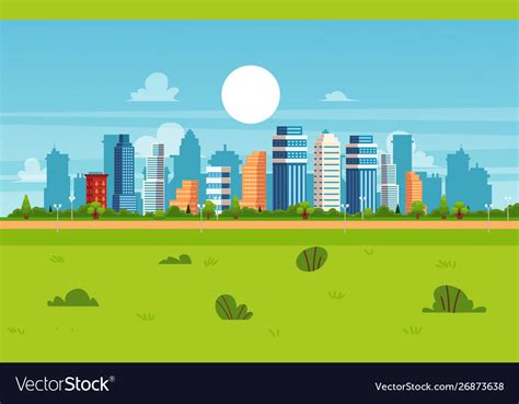 Cartoon city landscape on summer day - modern flat