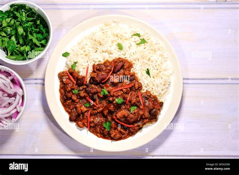 Vegetarian Soya Mince Chilli Con Carne and Rice With Red Chilli and Wholegrain Rice Stock Photo ...