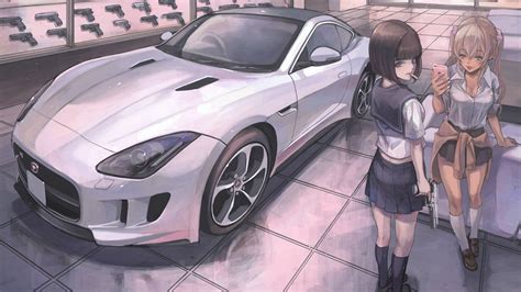 Download Two Girls Next To White Car Anime Wallpaper | Wallpapers.com