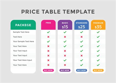 Product price table template. Subscription Package Pricing Comparison. business plans web ...
