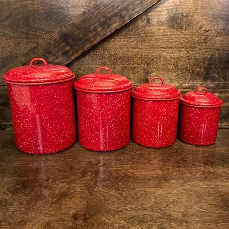 New my #etsy shop: Vintage red speckled enamel canisters, set of 4, nesting enamelware canisters ...