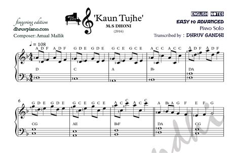 Kaun Tujhe (Sheet Music + English Notes + MIDI) - Piano Tutorial