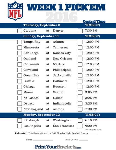 Central Time Week 1 NFL Schedule 2016 - Printable