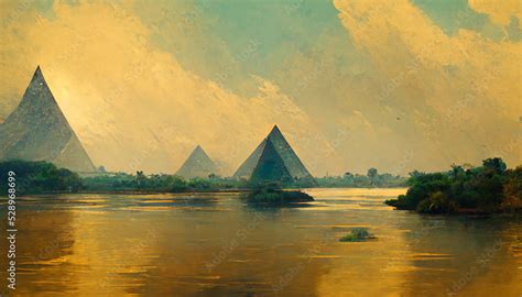 Nile river pyramids nature cloud sky egypt Stock Illustration | Adobe Stock