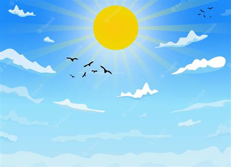 Premium Vector | Vector day landscape cartoon sky clouds, crow, sun and sun rays background design.