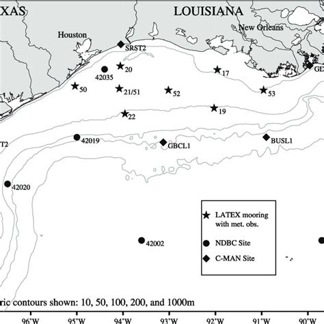 Map of the northwest Gulf of Mexico showing the TLS. Wind observations ...