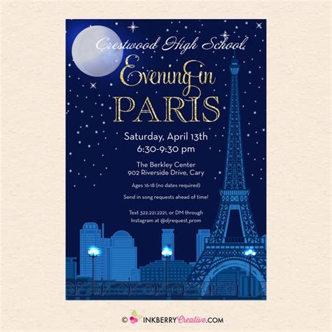 Evening in Paris Prom, Party Invitation, Paris Theme Invite, Eiffel ...