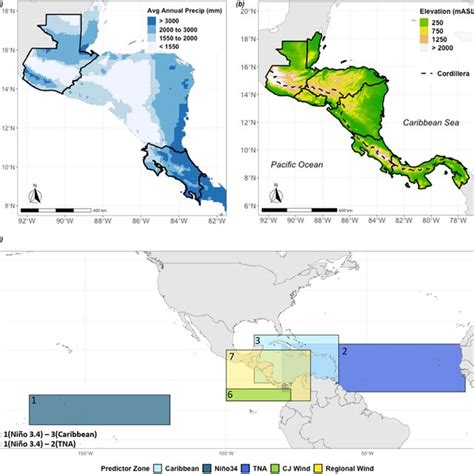 Illustration of Central American climate and tested predictor zones ...