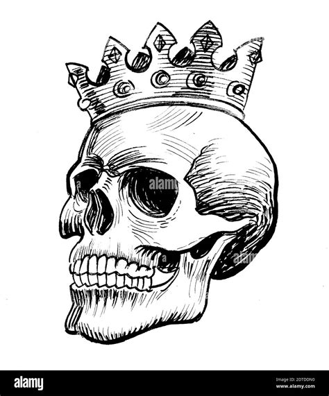 Human skull in golden crown. Ink black and white drawing Stock Photo - Alamy