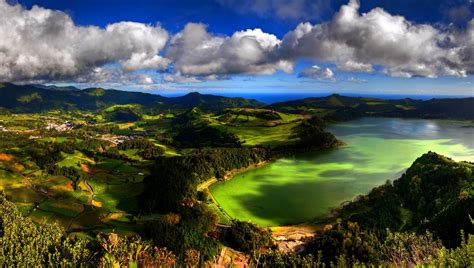 Stunning Azores Panorama: HD Wallpaper of Forested Lake and Clouds