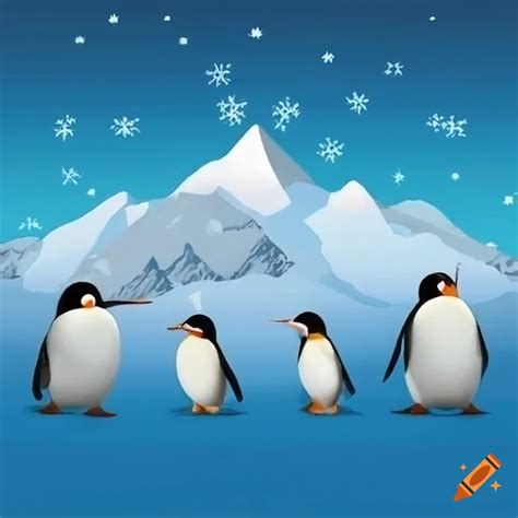 Christmas card with penguins and snowy mountains