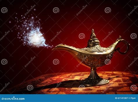 Magic Lamp. A Vintage Magical Lamp And Smoke Coming Out On The Black Background, Website Banner ...