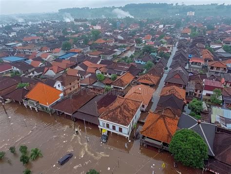 Aerial View of Flooding City. Natural Disaster Damages Houses and ...