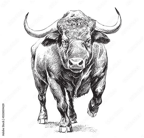 Angry bull runs towards the opposite direction hand drawn sketch Vector ...