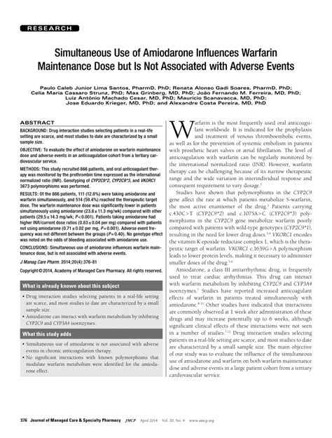 (PDF) Simultaneous Use of Amiodarone Influences Warfarin Maintenance Dose but Is Not Associated ...