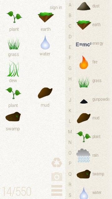 Plant + Earth = Grass (+ H2o = Dew Plant + Mud = Swamp