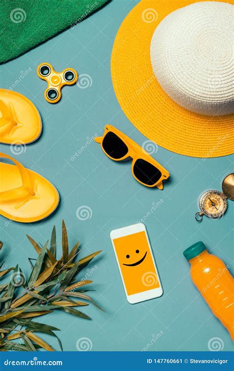 Travel Accessories To Enjoy Summertime Beach Holiday Vacation Stock Image - Image of smiley ...