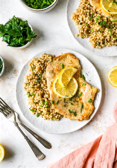 Riesling Lemon Chicken with Herbed Israeli Couscous - Yes to Yolks