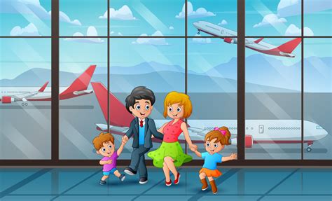 Happy family with two kids in airport terminal 7159620 Vector Art at ...