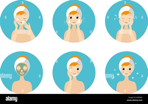 Face care routine. Girl Cleaning And Care Her Face With Various Actions Set Stock Vector Image ...