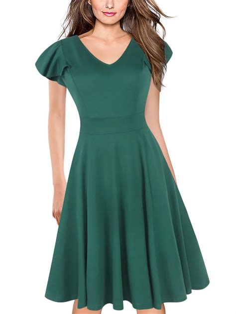 Ruffle Sleeve Plain Green Dress Women Vintage Party Wear To Work Office Casual Skater A Line ...