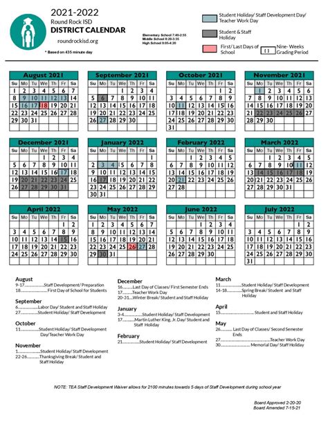 Round Rock Independent School District Calendar 2021-2022