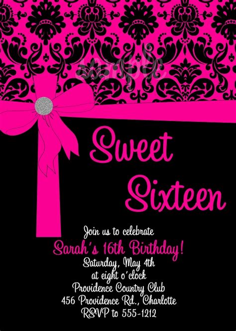 Pink & Black Sweet 16 Birthday Invitations - Quinceanera Invitations