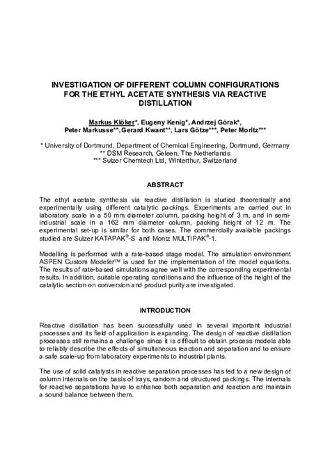 (PDF) Investigation of different column configurations for the ethyl acetate synthesis via ...