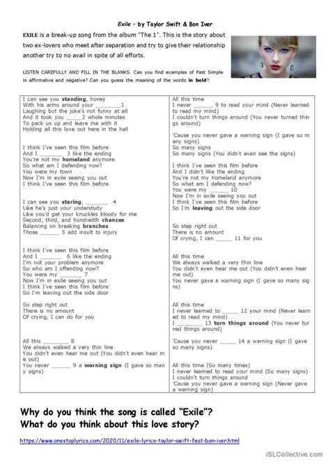 Exile by Taylor Swift and Bon Ive…: English ESL worksheets pdf & doc