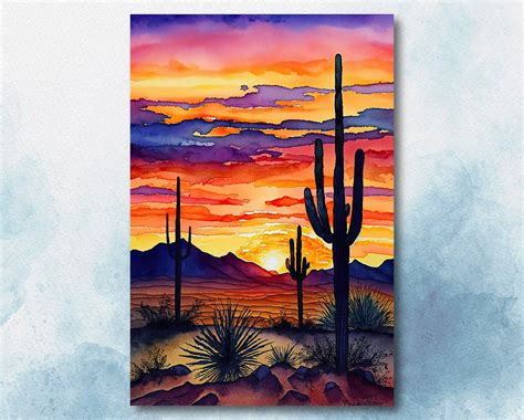 Desert Sunset Print Colorful Watercolor Wall Art Southwest Landscape Gift Saguaro Cactus ...