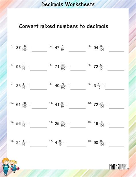 Convert mixed fractions to decimals worksheets - Math Worksheets - MathsDiary.com