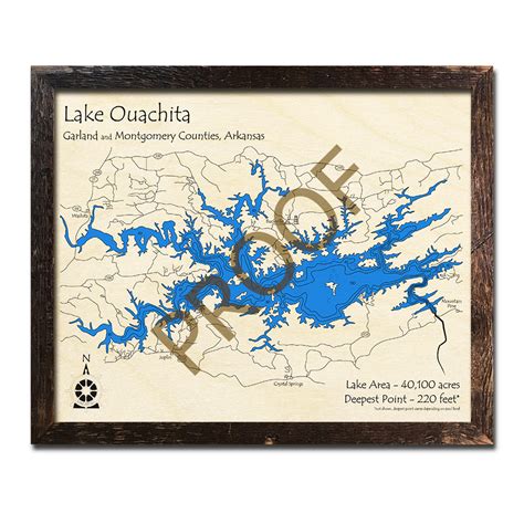 Lake Ouachita, AR 3D Wood Map | Laser-etched Nautical Decor