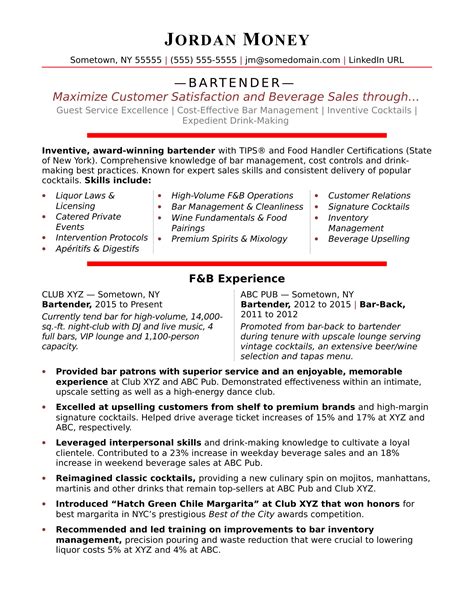 Bartender Resume | Monster.com