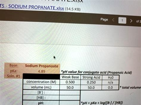 SOLVED: LATDA IS - SQDIUMPROPANATExlsx (14.5 KB) of 2 Base: Sodium Propanoate pKa: 4.89 "pH ...