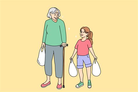 Teen girl carry bags helping elderly woman with grocery shopping. Kind ...