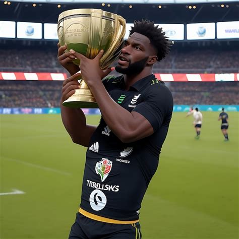 Premium AI Image | Siya Kolisi holding up the rugby World Cup in a ...