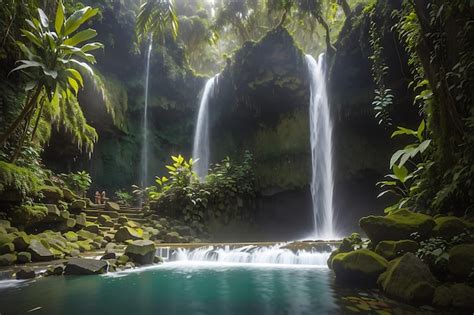 Premium AI Image | Waterfall hidden in the tropical jungle