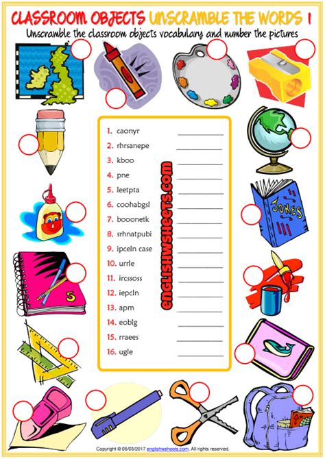 Classroom Objects ESL Unscramble the Words Worksheets