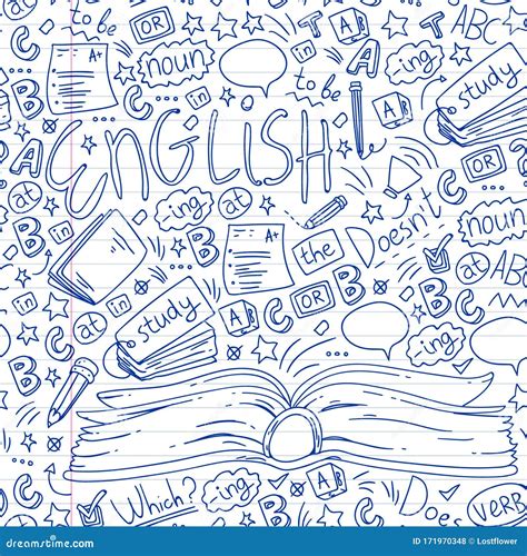 English Courses. Doodle Vector Concept Illustration of Learning English ...