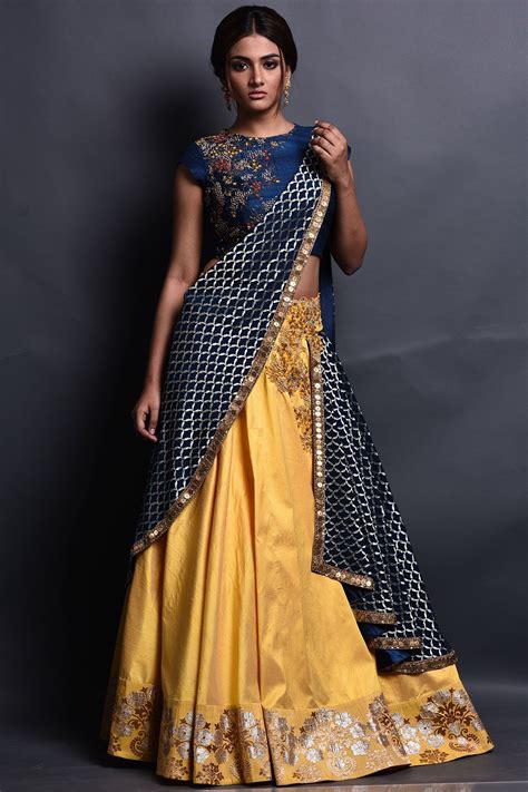 Buy Yellow & Blue Bead Embroidered Silk Bridesmaids Lehenga Online | Designer saree blouse ...