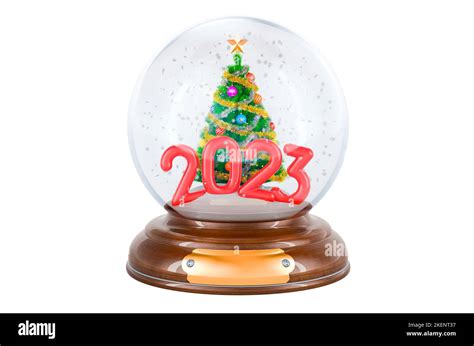 Christmas snow globe 2023 with Christmas tree inside, 3D rendering isolated on white background ...